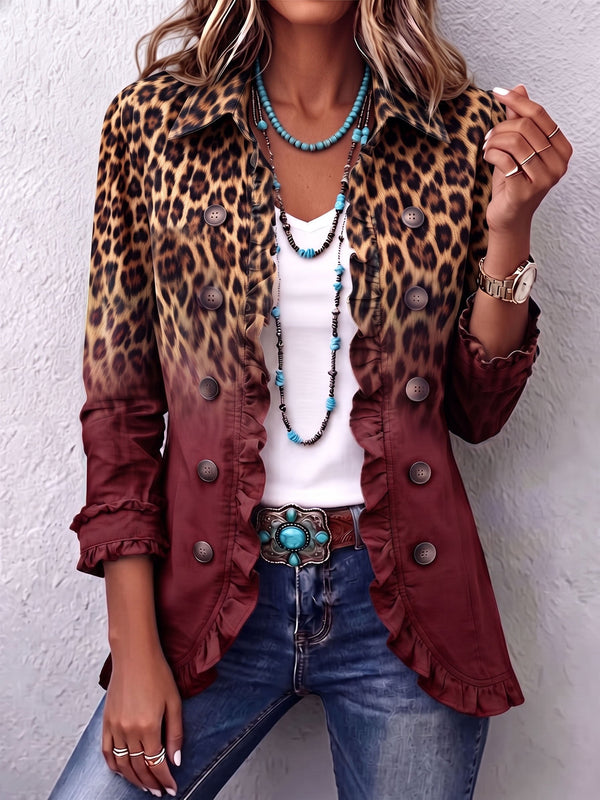 Grace | Wine Leopard Ruffle Blazer
