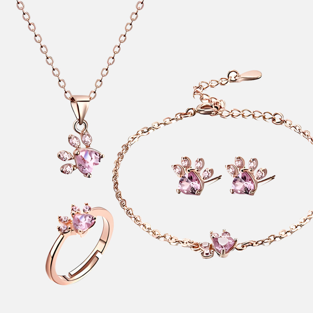 Rose Gold Paw Jewelry Set — 4-Piece Zirconia Heart Set
