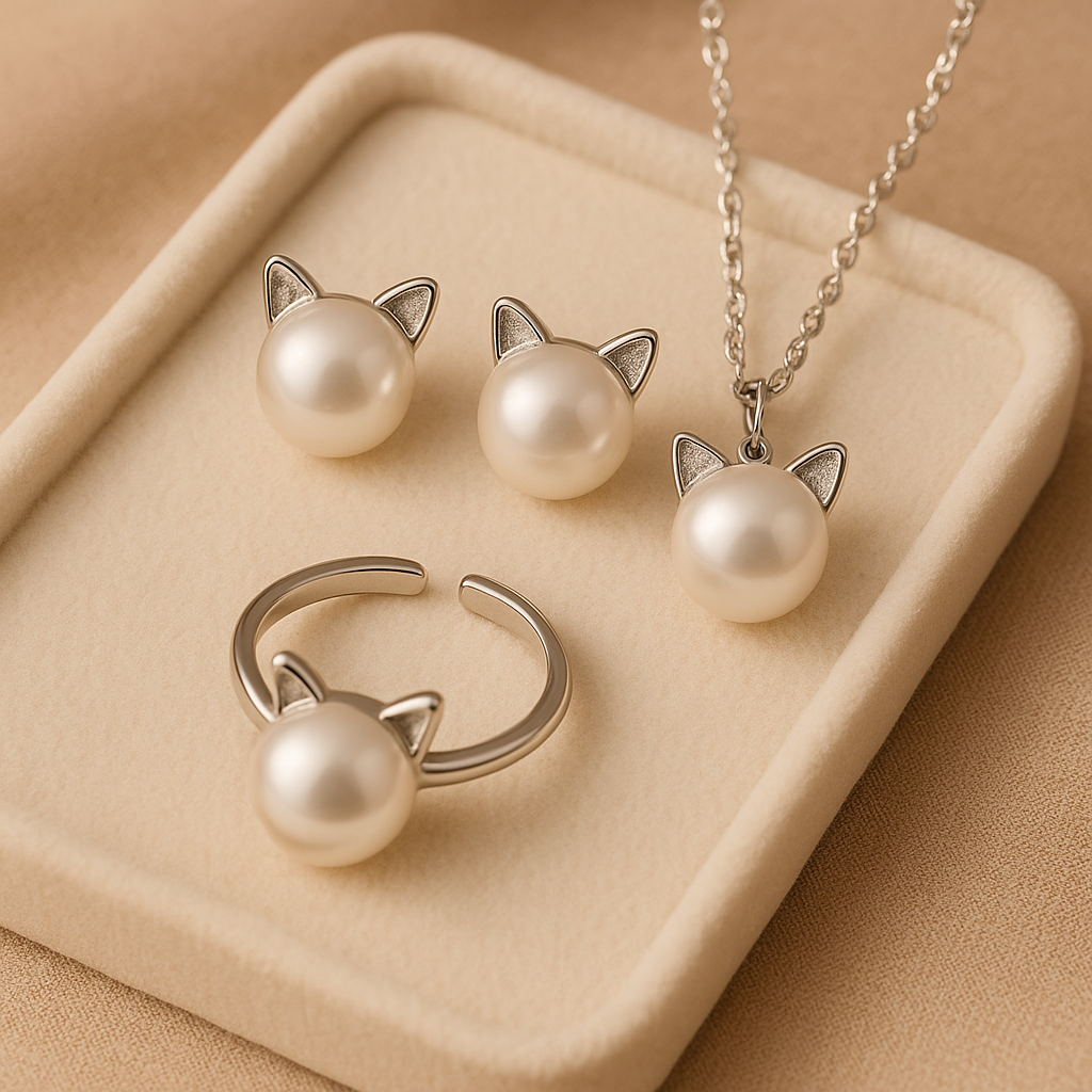 Beautiful Pearl Cat Necklace with Matching Earrings + Ring