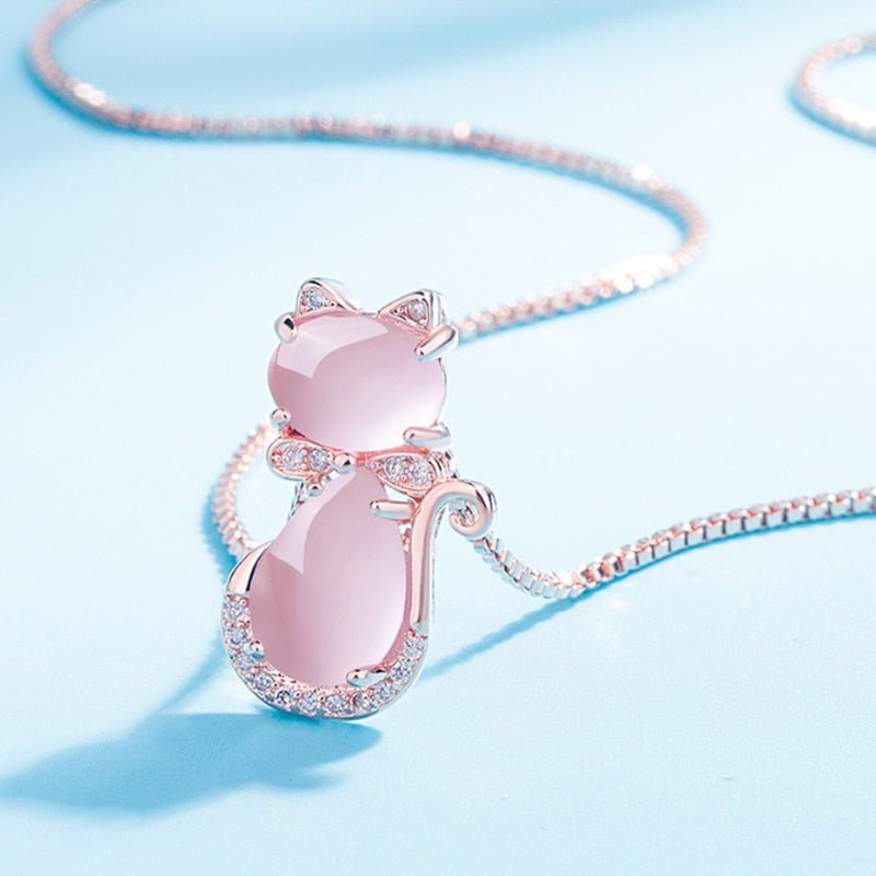 Pink Stone Cat Necklace with Zirconia
