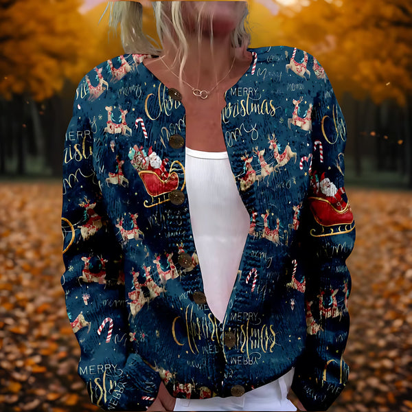 Santa Print Button Up Christmas Cardigan for women