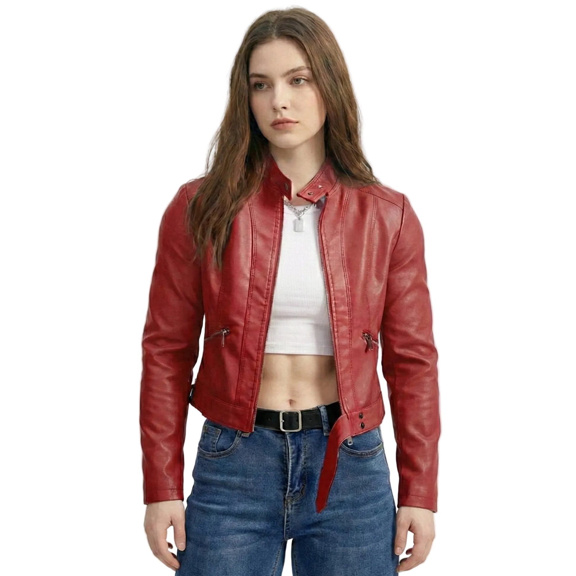 Cropped Faux Leather Moto Jacket for women, view 2